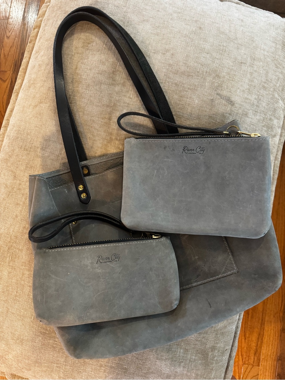 Gray Leather Tote with Two Matching Zip Pouches